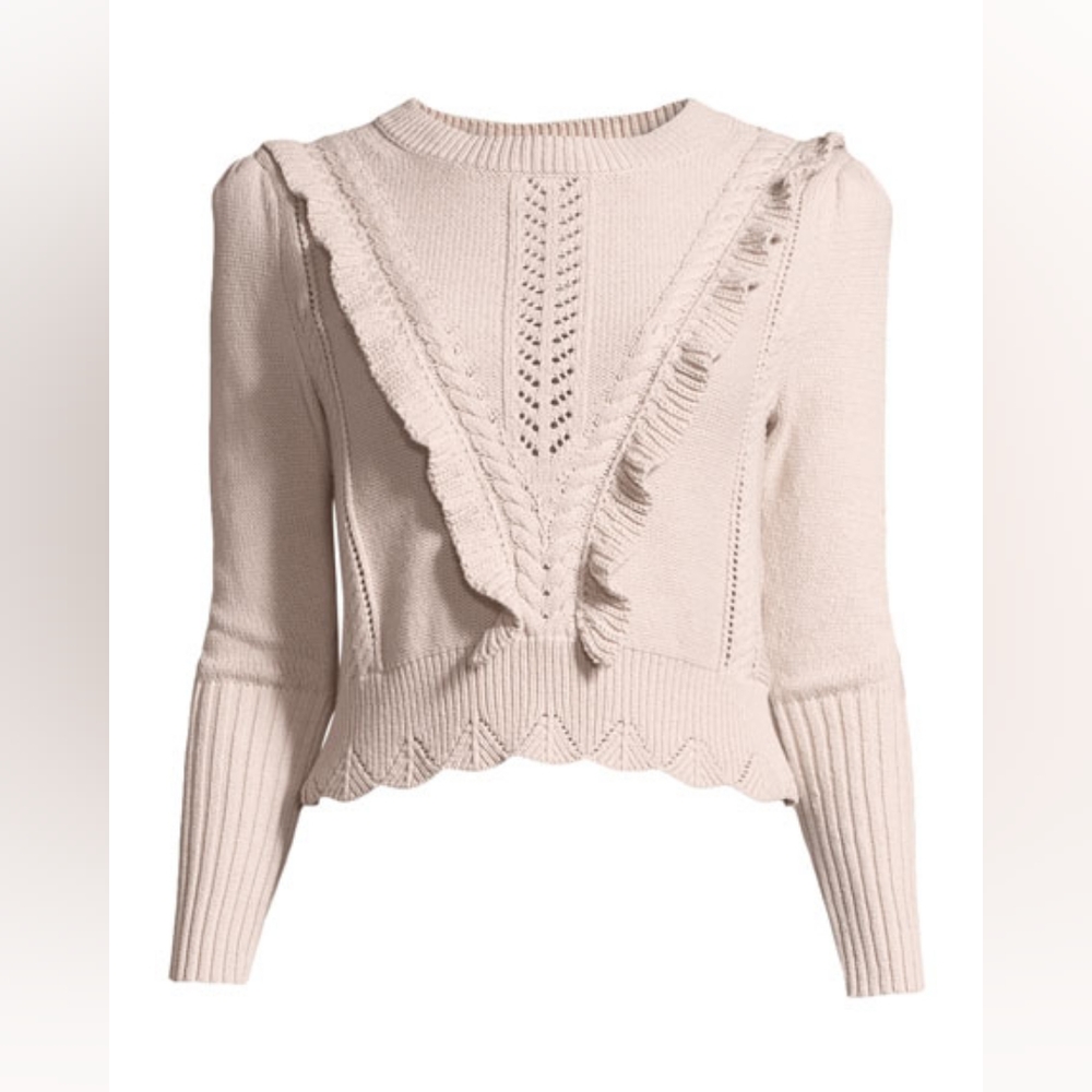 Rebecca Taylor Crew Neck Ruffled Cable Knit Sweater